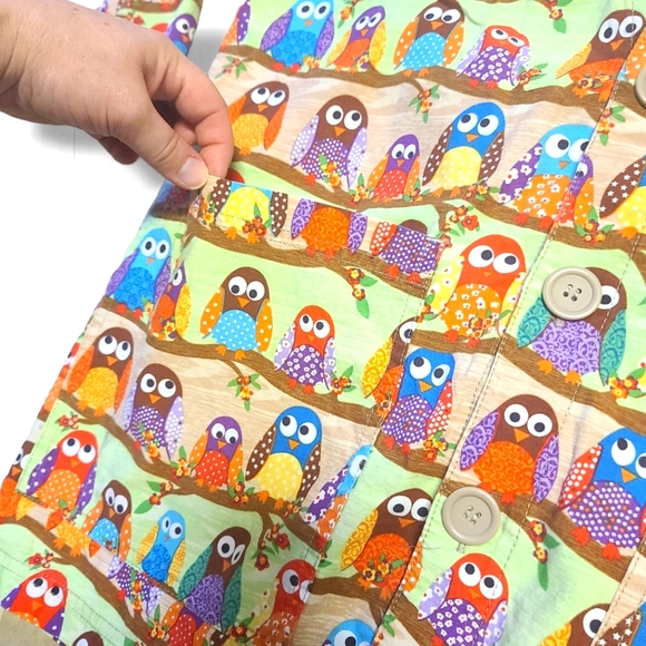 S.C.R.U.B.S. Women's Long Sleeve Button Up Owl Print Scrubs Top Size Medium - Picture 6 of 15